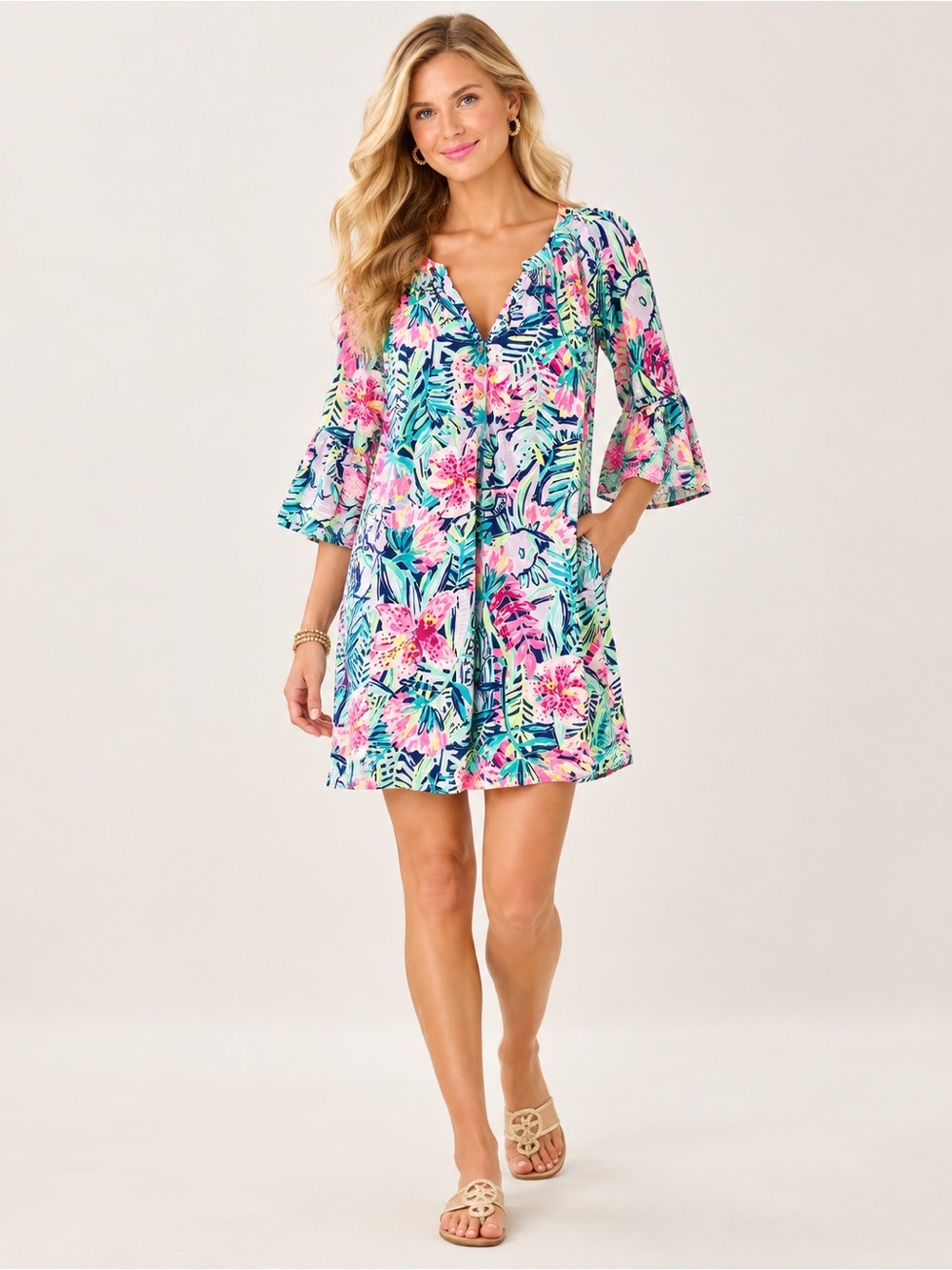 Lilly Pulitzer Size M Tropical Floral Bell Sleeve Shift Dress